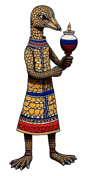 The pangolin scribe holding up a small round vessel in one hand