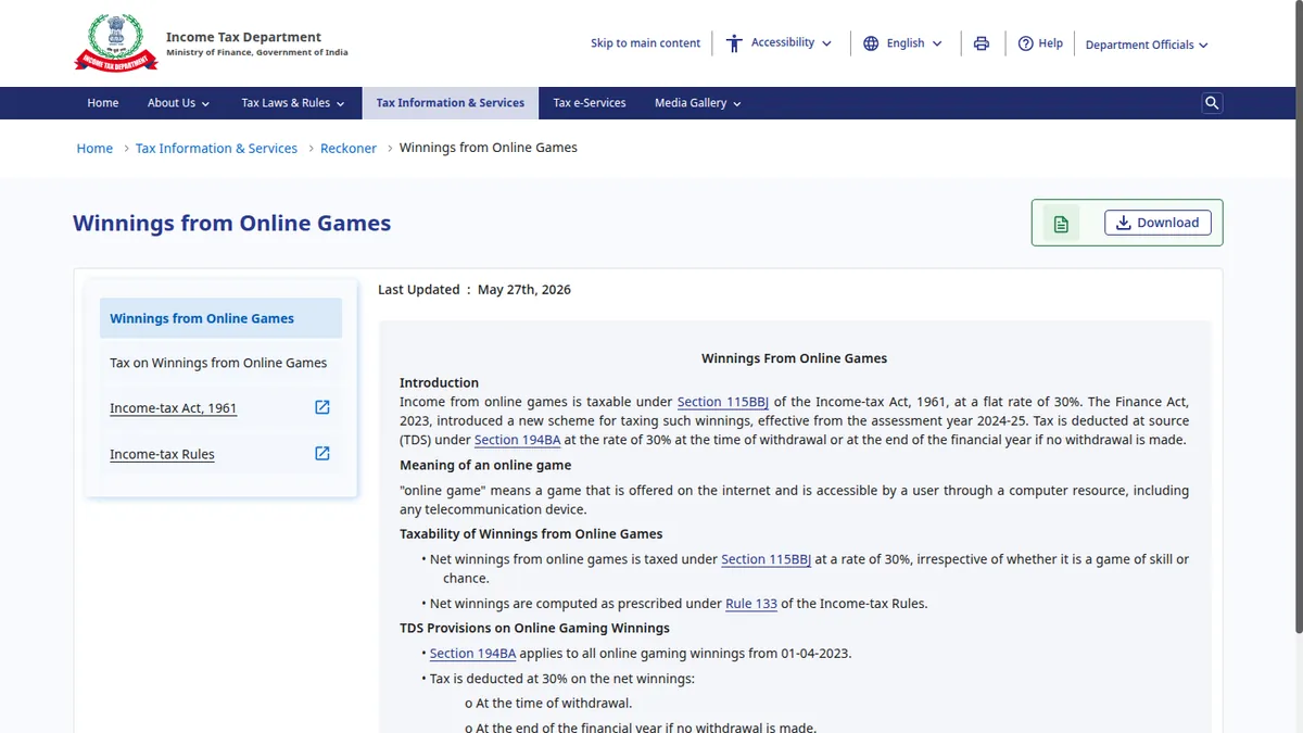 The Income Tax Department page on winnings from online games, naming sections 115BBJ and 194BA