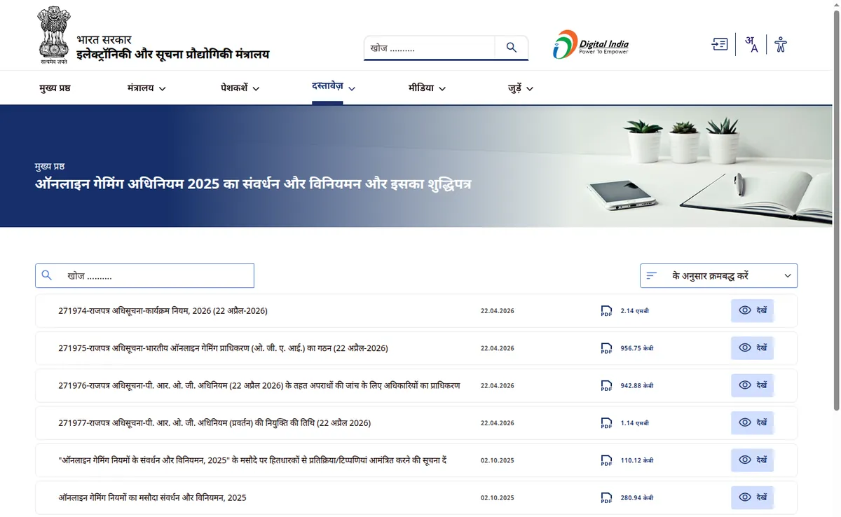 The MeitY document page for the Promotion and Regulation of Online Gaming Act, 2025, listing its gazette notifications